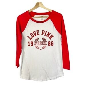 PINK Victoria's Secret Red & White Graphic Baseball Long Sleeve T-Shirt XS